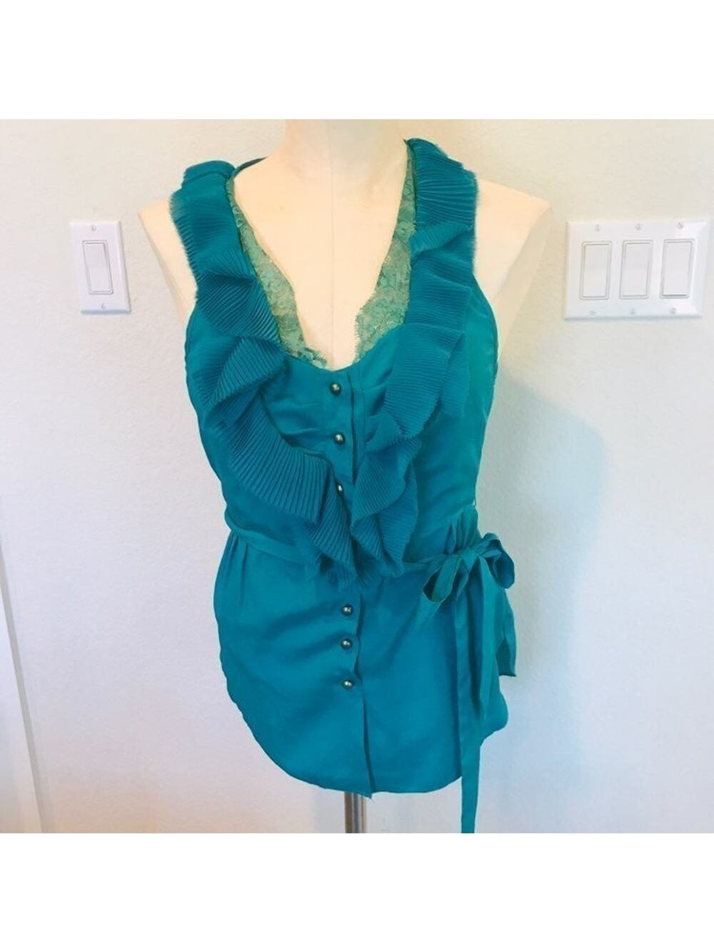 Layered Ruffle Teal Button up wrap sleeveless lightweight Blouse womens small